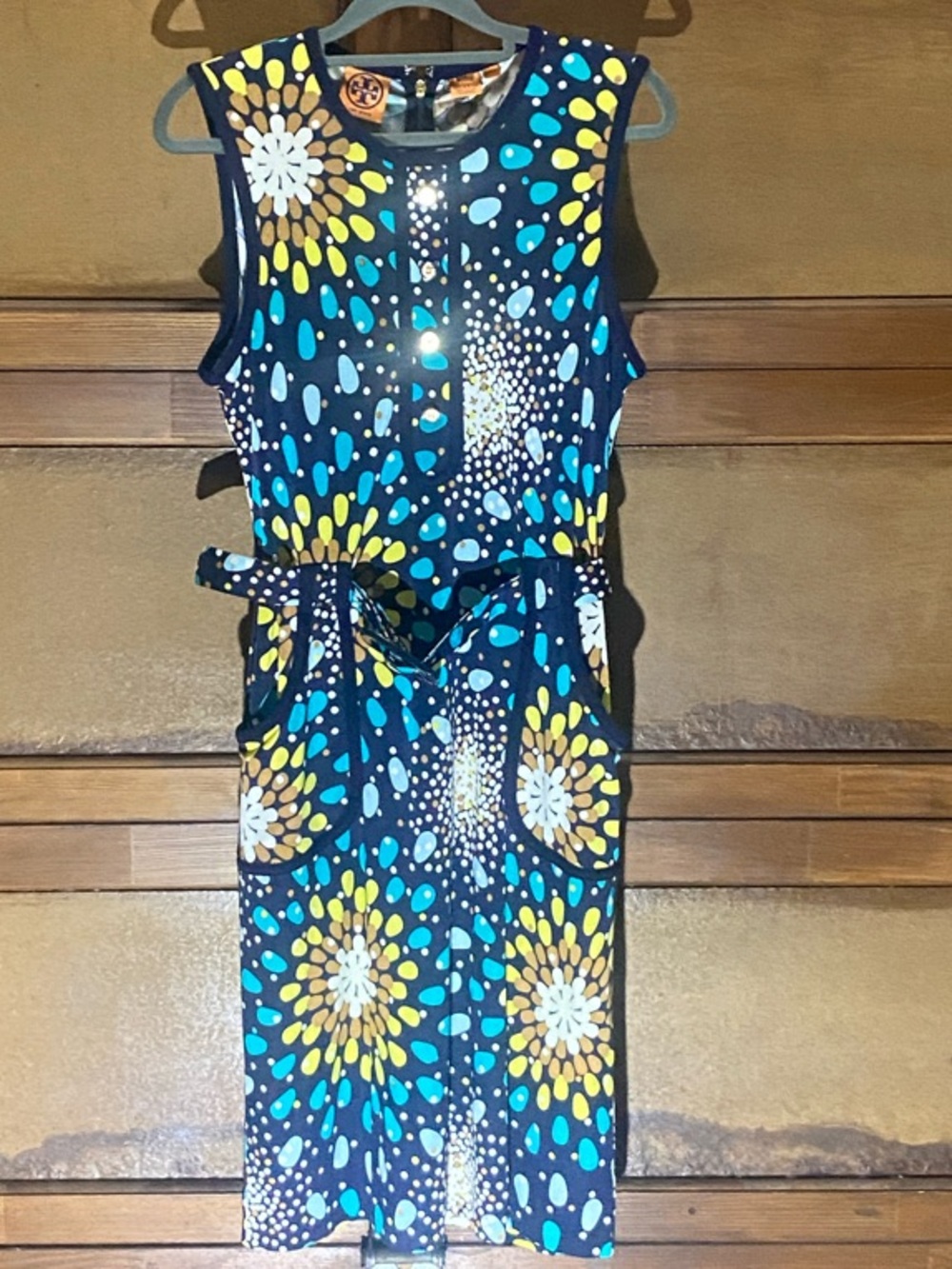 Tory Burch Navy Silk Dress with Yellow, Teal & White Accents
